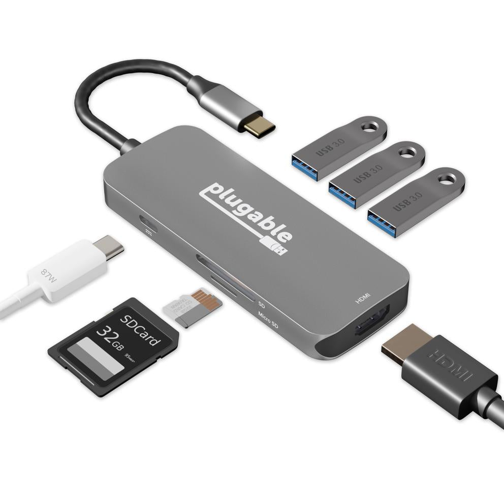 Plugable Technologies USB-C Hub 7-in-1, Driverless USB C Hub Compatible with Mac, Windows, Chromebook, USB4, Thunderbolt 4, and More (4K HDMI, 3 USB 3.0, SD & microSD Card Reader, 100W Charging)