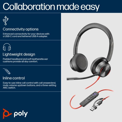 HP Poly Blackwire 8225 Stereo Microsoft Teams Certified USB-C Headset +USB-C/A Adapter
