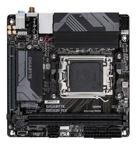 GIGABYTE B650I AX Motherboard - AMD Ryzen 9000 Series CPUs, 5+2+1 Phases VRM, up to 6400MHz DDR5 (OC), 1xPCIe 4.0 M.2, 2.5GbE LAN, WIFI 6E, USB 3.2 Gen 2