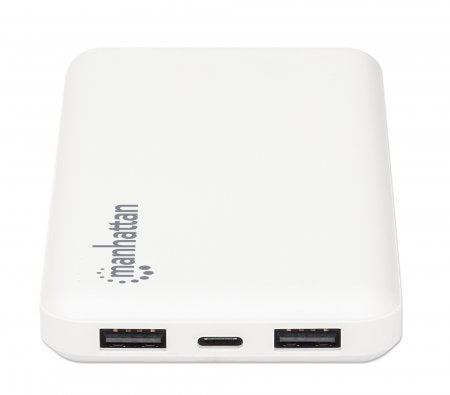 Manhattan Power Bank, 10000 mAh, Output: 2x USB-A (2.1A & 1A), Input: USB-C & Micro-USB (both 2A), White, One Year Warranty