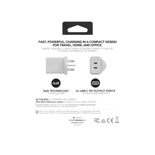 mophie Accessories-Wall Adapter-USB-C-PD-DUAL-45W-GAN-White-UK(2xUSBC)