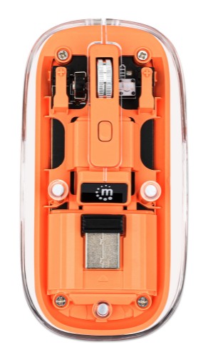 Manhattan Transparent Rechargeable Wireless Mouse, Clear/Orange, Adjustable 800/1200/1600dpi, With RGB LED light, 2.4Ghz (effective range up to 10m), USB, Optical, Ambidextrous, Four Button with Scroll Wheel, Slim Design, USB-A micro receiver, Lithium Ion