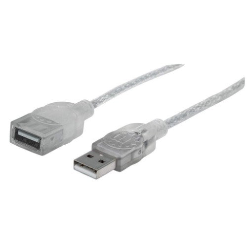 Manhattan USB-A to USB-A Extension Cable, 1.8m, Male to Female, 480 Mbps (USB 2.0), Hi-Speed USB, Translucent Silver, Lifetime Warranty