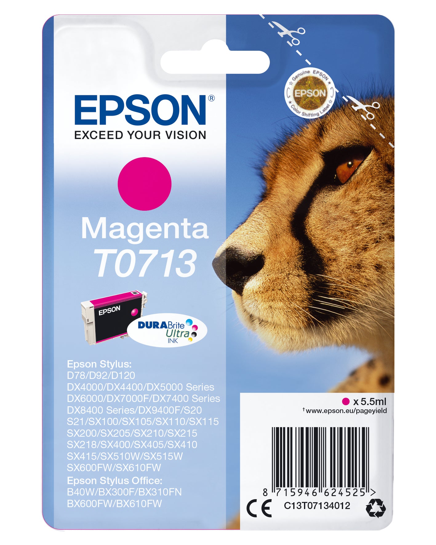 Epson C13T07134012/T0713 Ink cartridge magenta, 250 pages ISO/IEC 19752 5,5ml for Epson Stylus BX 310/600/D 120/D 78/S 20