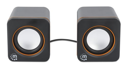 Manhattan 2600 Series Speaker System, Two Speakers, Black/Orange, USB for Stereo Audio and Power, Output: 2x 3W, Decent Sound, Integrated rotary volume control, USB-C/USB-A Adapter, Cable 1.4m, Three Year Warranty