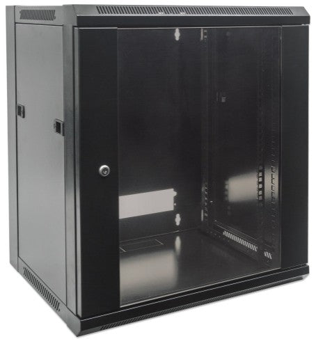 Intellinet 19" Network Cabinet - Wall Mount (Standard), 9U, 600mm Deep, Black, Flatpack, Max 60kg, Suitable also for use on desk or floor, Usable Depth 410mm, Metal & Glass Door, Back Panel, Removeable Sides, Parts for wall install (eg screws/rawl plugs)