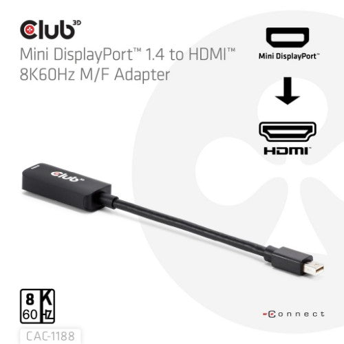 CLUB3D Mini DisplayPort™ 1.4 to HDMI™ 8K60Hz M/F Adapter