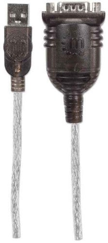 Manhattan USB-A to Serial Converter cable, 1.8m, Male to Male, Serial/RS232/COM/DB9, Prolific PL-2303RA Chip, Black/Silver cable, Three Years Warranty