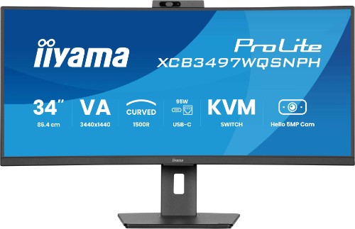 iiyama ProLite 34’’ VA UWQHD curved monitor with a built-in Windows Hello camera and microphone, USB-C Dock, LAN, KVM-Switch and 15cm height adjustable stand