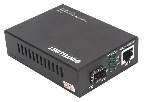Intellinet Gigabit PoE+ Media Converter, 1 x 1000Base-T RJ45 Port to 1 x SFP Port, PoE+ Injector