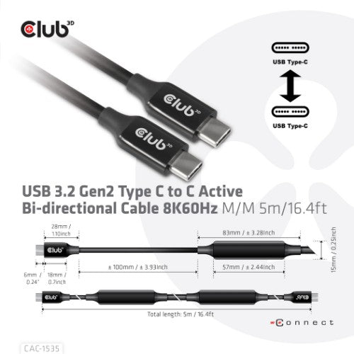 CLUB3D USB 3.2 Gen2 Type C to C Active Bi-directional Cable 8K60Hz M/M 5m/16.4ft
