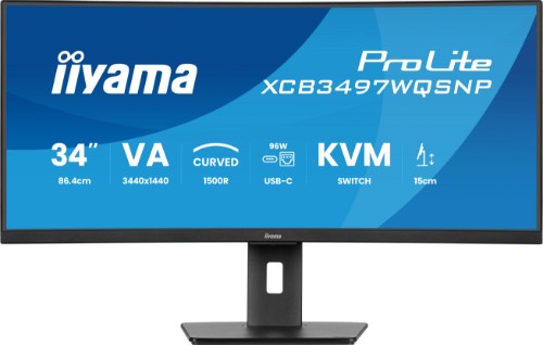 iiyama ProLite 34’’ UWQHD curved monitor with USB-C dock, LAN, KVM switch and 15cm height adjustable stand