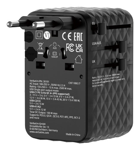 Verbatim Charge 'n' Travel 100W Universal Travel Adapter with retractable cable Black