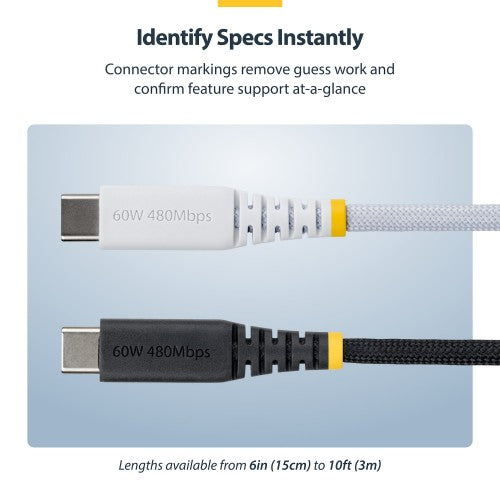 StarTech.com 2m (6ft) White USB-C Charging Cable, 60W (3A) PD, Dual-Layer Braided Nylon/TPE Jacket, Rugged USB C Charging Cord, USB 2.0 Laptop Charger Cable
