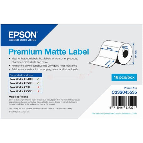 Epson C33S045535 Continous label roll die-cut 76mm x 127mm 265 label Pack=1 for Epson TM-C 3400/3500