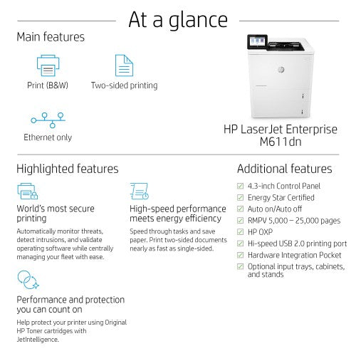 HP LaserJet Enterprise M611dn Black and white Printer, Ethernet Only; Duplex