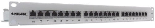 Intellinet Patch Panel, Cat6, FTP, 24-Port, 1U, Shielded, 90° Top-Entry Punch-Down Blocks, Grey