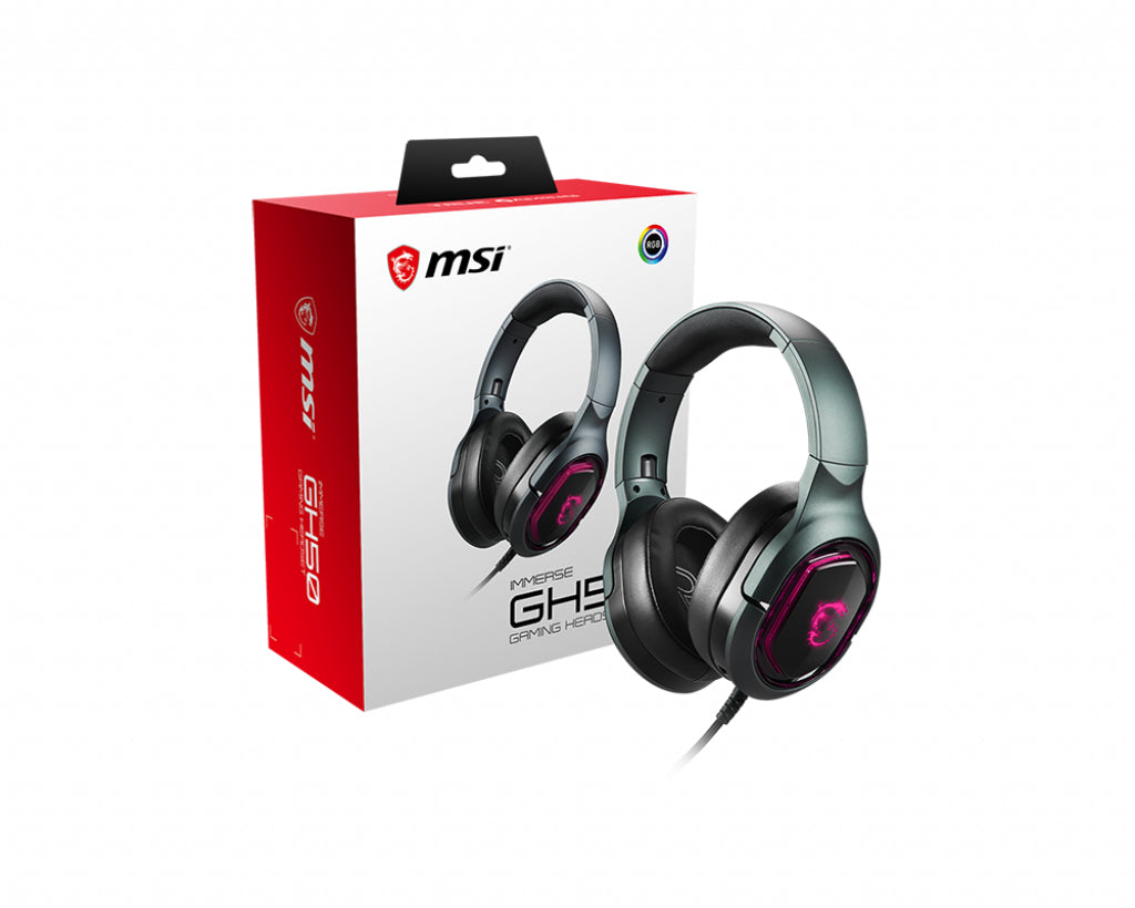 MSI IMMERSE GH50 7.1 Virtual Surround Sound RGB Gaming Headset 'Black with Ambient Dragon Logo, RGB Mystic Light, USB, inline audio controller, 40mm Drivers, detachable Mic'