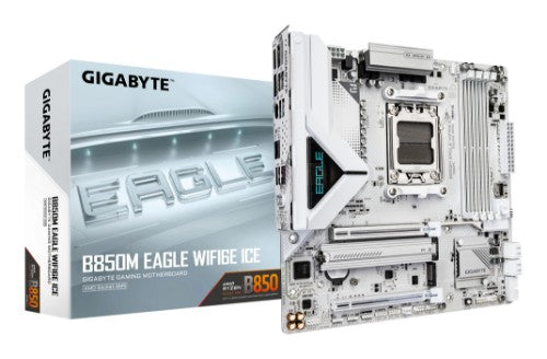 GIGABYTE B850M EAGLE WIFI6E ICE Motherboard - AMD Ryzen 9000 Series CPUs, 8+2+2 Phases Digital VRM, up to 8200MHz DDR5 (OC), 1xPCIe 5.0 + 1xPCIe 4.0 M.2, Wi-Fi 6E, 2.5 GbE LAN, USB 3.2 Gen 2