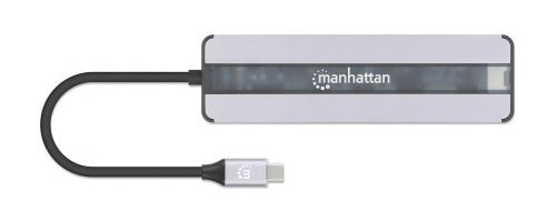 Manhattan USB-C Dock/Hub with Card Reader, Ports (x5): Ethernet, HDMI, USB-A (x2) and USB-C, With Power Delivery (87W) to USB-C Port (Note add USB-C wall charger and USB-C cable needed), All Ports can be used at the same time, Universal for all devices,
