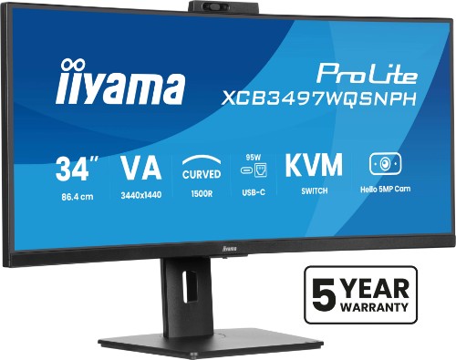 iiyama ProLite 34’’ VA UWQHD curved monitor with a built-in Windows Hello camera and microphone, USB-C Dock, LAN, KVM-Switch and 15cm height adjustable stand