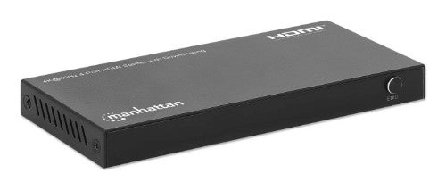 Manhattan HDMI Splitter with downscaling 4-Port , 4K@60Hz, Displays output from x1 HDMI source to x4 HD displays (same output to four displays), Downscale button to adjust a 4K input signal into 1080p, Micro-USB to USB-A power cable included (cable 0.8m),