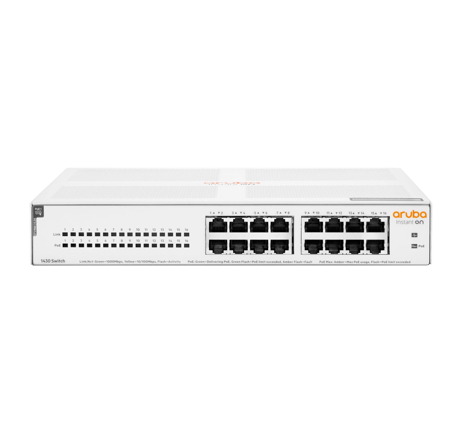 HPE Aruba Networking Aruba Instant On 1430 16G Class4 PoE 124W Unmanaged L2 Gigabit Ethernet (10/100/1000) Power over Ethernet (PoE) 1U White