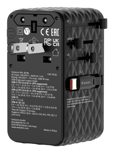 Verbatim Charge 'n' Travel 70W 2C retractable Universal Travel Adapter Black