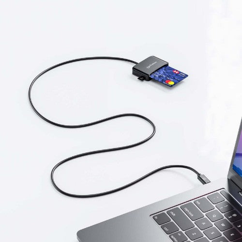 Manhattan USB-C Contact Smart Card Reader with MicroSD slot, USB Type-C Male to Contact Reader Interface and microSDXC, Supports Windows, macOS and Linux, Reads SIM Cards with Adapter, Cable 1m, Black, Three Year Warranty
