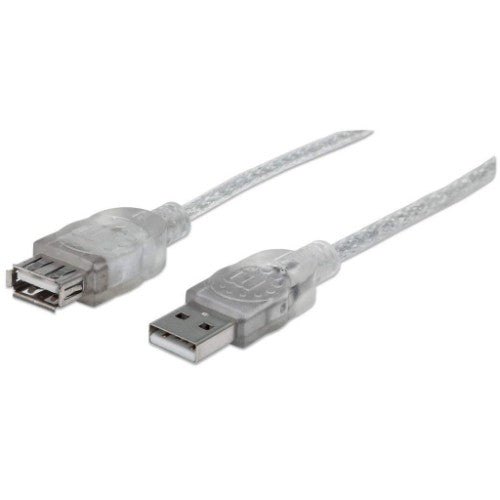 Manhattan USB-A to USB-A Extension Cable, 3m, Male to Female, Translucent Silver, 480 Mbps (USB 2.0), Hi-Speed USB, Lifetime Warranty, Equivalent to USBEXTAA10BK (except colour).
