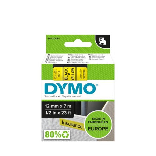 Dymo 45018/S0720580 DirectLabel-etikettes black on yellow 12mm x 7m for Dymo D1 6-12mm/19mm/24mm/9-12mm/9-19mm