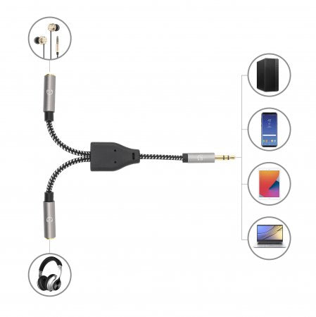 Manhattan Headphone Stereo Audio Y-Splitter Cable, 3.5mm, Aux, 15cm, Male/2x Female, Connects Two Sets of Headphones to One Audio Jack, Slim Design, Black/Silver, Gold plated contacts and pure oxygen-free copper wire, Lifetime Warranty, Polybag