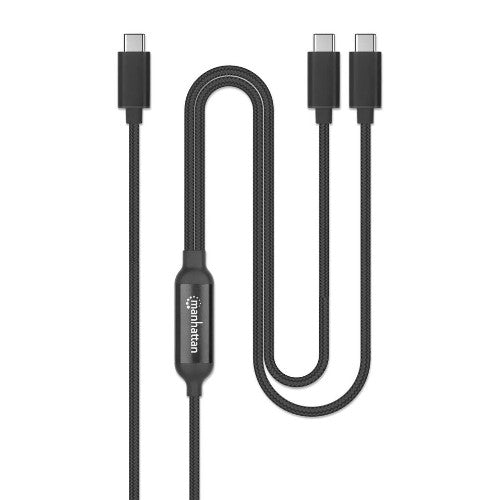 Manhattan Dual USB-C to USB-C Charging Cable, 100W, 2m, Male to Two Males, Smart Power Splitter Cable, Charges Two Devices from One USB-C PD Port, Delivers up to 100W for single charging and up to 70W + 28W for dual charging, Braided Jacket, Aluminum Boot