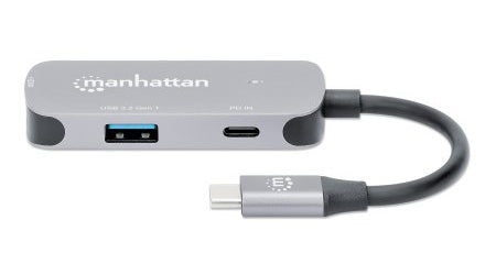 Manhattan USB-C Dock/Hub, Ports (x3): HDMI, USB-A and USB-C, with Power Delivery (PD) 100W- requires external USB-C charger (not included). USB powered (no external power supply required) when PD is not in use, Aluminium