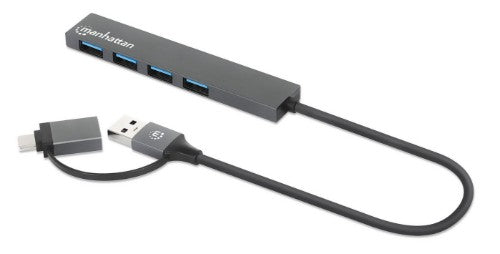 Manhattan USB-C & USB-A Combo Dock/Hub, Ports (4): USB-A (x4), 5 Gbps (USB 3.2 Gen1 aka USB 3.0), USB powered (no external power supply required), Cable 25cm
