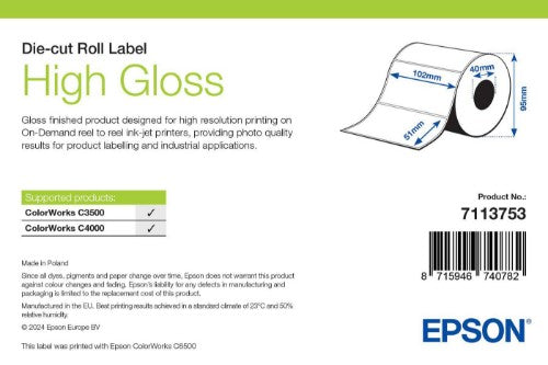 Epson High Gloss Label, Die-Cut Roll, 102mm x 51mm, 610 Labels