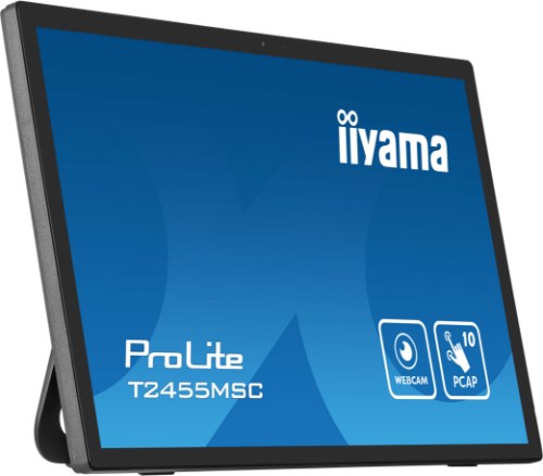 iiyama 24” multi-touch monitor with edge-to-edge glass, anti fingerprint coating , integrated webcam and a flexible stand