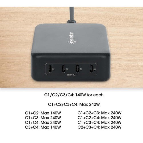 Manhattan Mains USB-C Laptop Charging Station 4-port, Universal charging for ALL laptops (incl power hungry gaming machines & equivalent) with ports to simultaneously charge phones/watches/earpods/etc, GaN, Each PD port up to 140W (Max 240W), UK Power cor