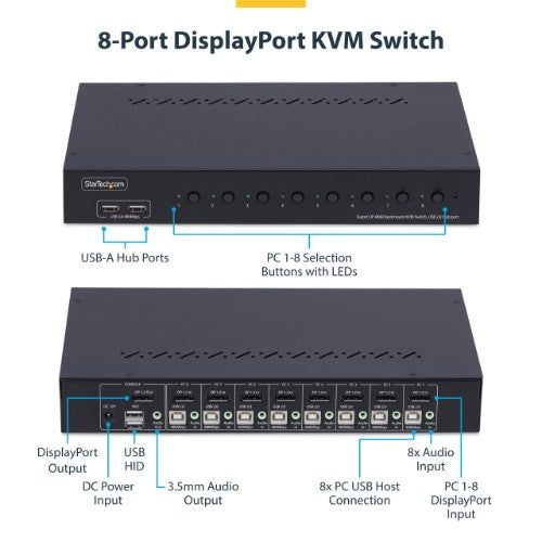 StarTech.com 8-Port DisplayPort KVM Switch with 1U Rack Mount Kit, 4K 60Hz DP 1.2, Push-Button & Hotkey Switching, 4-Port USB Hub, OS Independent, TAA Compliant