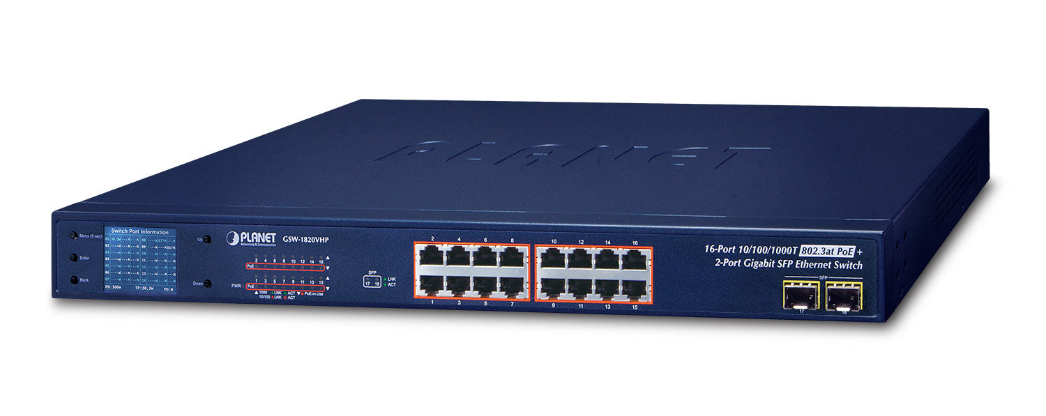 PLANET GSW-1820VHP network switch Unmanaged Gigabit Ethernet (10/100/1000) Power over Ethernet (PoE) 1U Blue