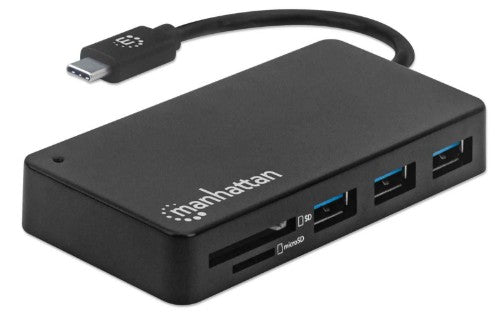 Manhattan USB-C Dock/Hub with Card Reader, Ports (x3): USB-A (x3), 5 Gbps (USB 3.2 Gen1 aka USB 3.0), External Power Supply Not Needed, Universal for all devices, SuperSpeed USB, Black, Three Year Warranty