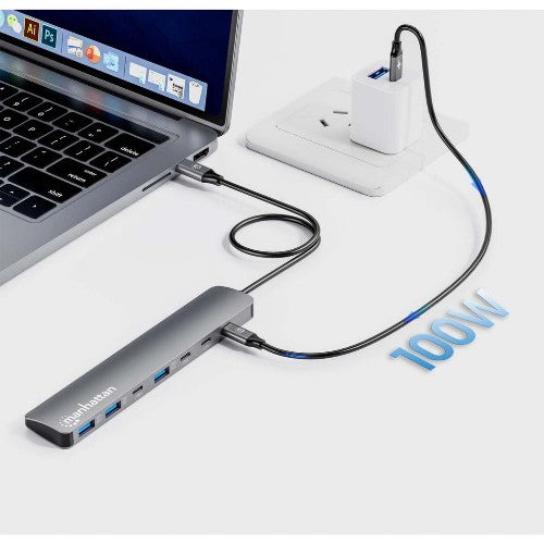 Manhattan USB-C Dock/Hub, Ports (x7): USB-A (x3) and USB-C (x4), with Power Delivery (PD) 100W- requires external USB-C charger (not included). USB powered (no external power supply required) when PD is not in use, Aluminium
