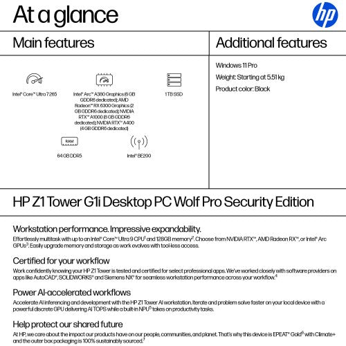 HP Z1 Tower G1i Desktop PC Wolf Pro Security Edition Intel Core Ultra 7 265 64 GB DDR5-SDRAM 1 TB SSD Windows 11 Pro Workstation AI Workstation, AI PC Black