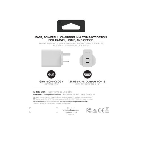 mophie Accessories-Wall Adapter-USB-C-PD-DUAL-67W-GAN-White-UK (2xUSBC)