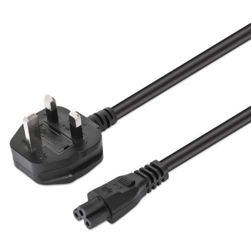 Manhattan Mains Power Cord/Cable, UK 3-pin plug to C5 Female (cloverleaf/triangular), 1.8m, 16A, Lead, Lifetime Warranty
