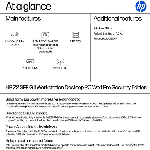 HP Z2 SFF G1i Wolf Pro Security Edition Intel Core Ultra 9 285K 64 GB DDR5-SDRAM 2 TB SSD NVIDIA RTX Pro 2000 Blackwell Windows 11 Pro Workstation AI Workstation, AI PC Black
