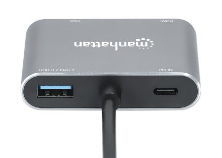 Manhattan USB-C Dock/Hub, Ports (x4): HDMI, USB-A, USB-C and VGA, With Power Delivery (87W) to USB-C Port (Note add USB-C wall charger and USB-C cable needed), All Ports can be used at the same time, Universal for all devices, Aluminium, Space Grey,3 Year