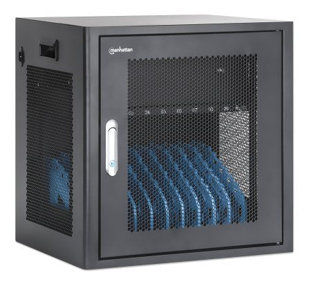 Manhattan Laptop Charging Cabinet Desktop via AC Adapter (UK) 10-bay, Install device's AC Adapter (power cables) into unit, Suitable for ALL laptops (to 15.6"), iPads, MacBooks, Chromebooks, other portable devices, Bays 380x30x280mm, Cart, Lockable