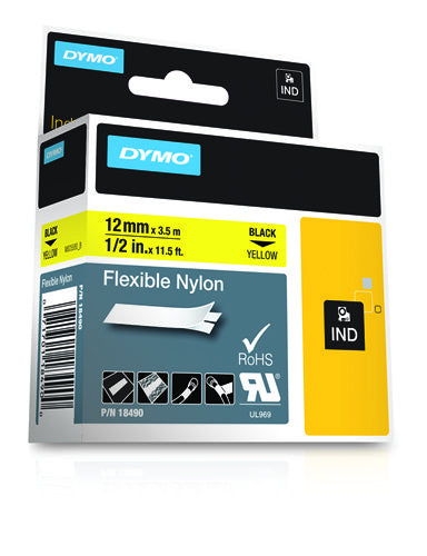 Dymo 18490/S0718080 Ribbon Nylon flexible black on yellow 12mm x 3,5m for Dymo Rhino 6-12mm/19mm/24mm