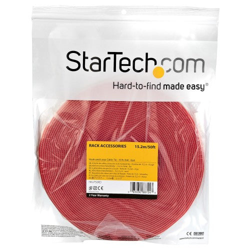 StarTech.com 50ft Hook and Loop Roll - Cut-to-Size Reusable Cable Ties - Bulk Industrial Wire Fastener Tape /Adjustable Fabric Wraps Red / Resuable Self Gripping Cable Management Straps